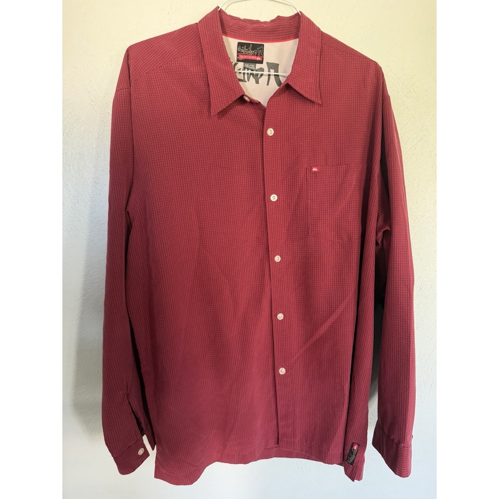 Quiksilver Mens Long Sleeve Button Up Shirt Red Micro Check Plaid 2XL T109747